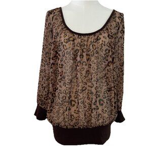 Vintage Y2K Guess Jeans Sheer Blouson Top Women's XL Brown Leopard Print Boho